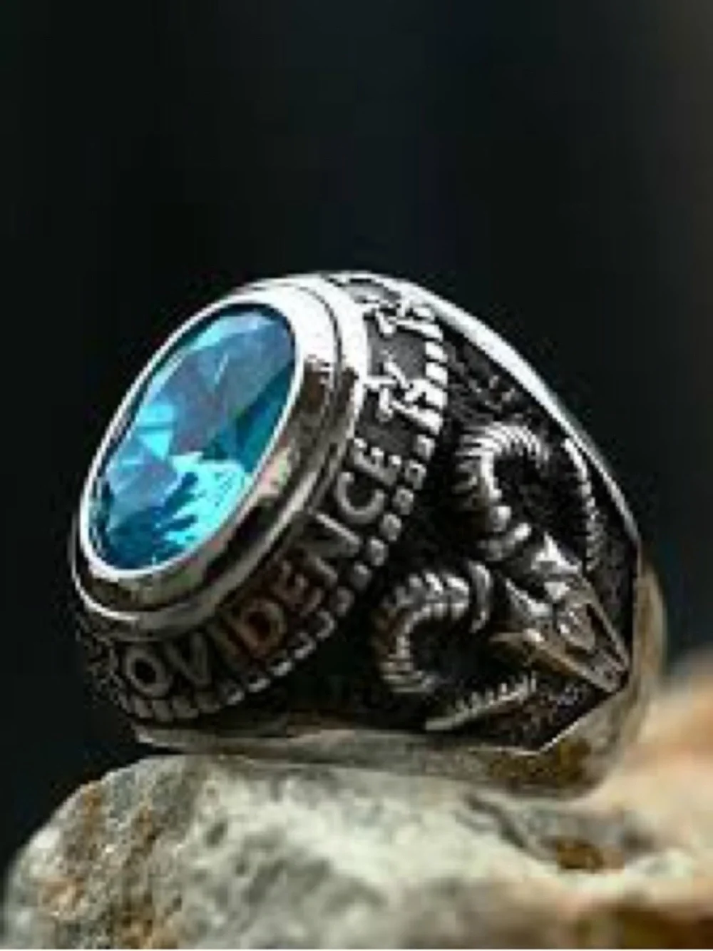 Men's Silver-Tone Ring with Bright Blue Gem and Ram Accent